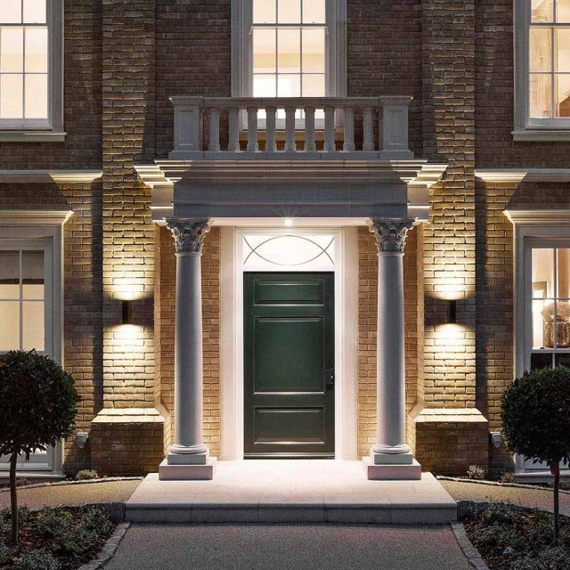 lit up stone portico entryway