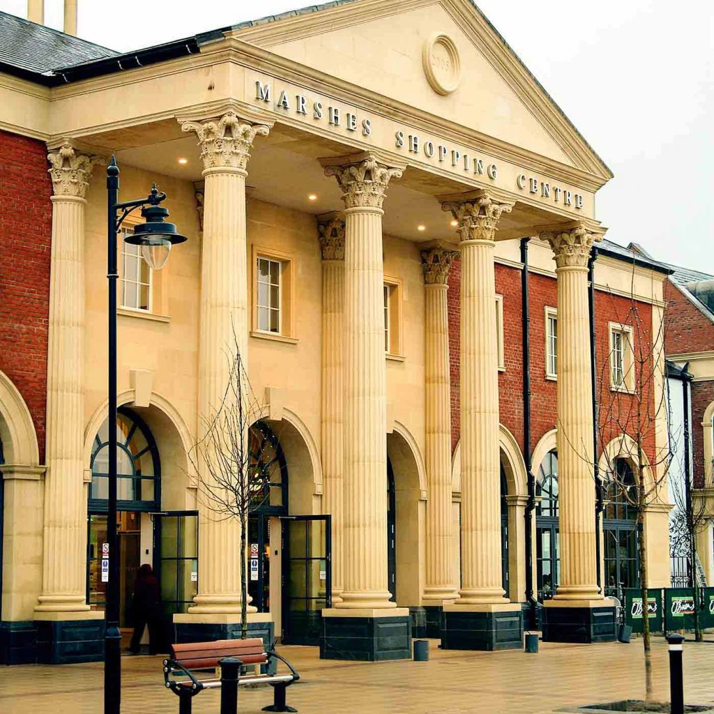 cast stone columns by haddonstone at the marshes shopping centre